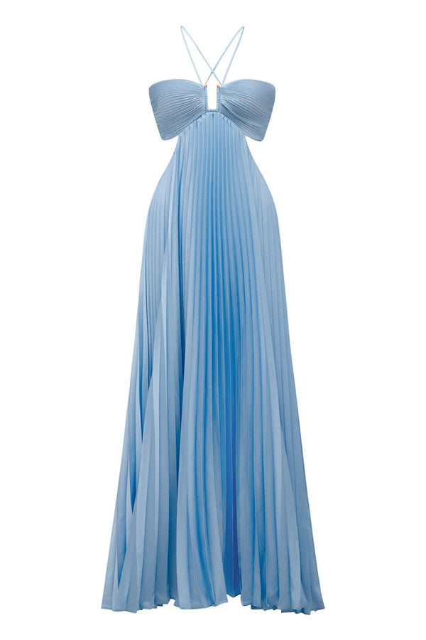 Sky Blue Halter Pleated Satin A Line Prom Dresses With Cutout – Prom Dress by KissProm | Available at KissProm