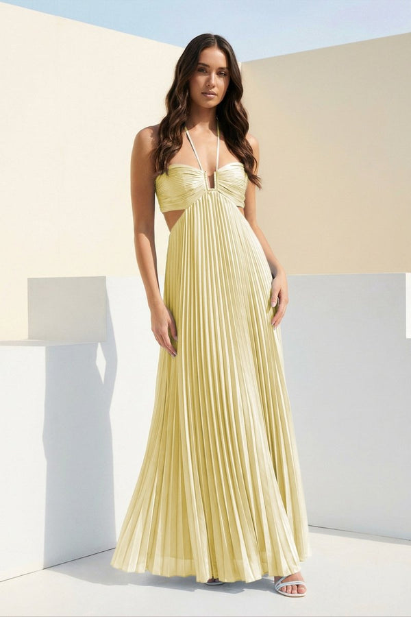 Sky Blue Halter Pleated Satin A Line Prom Dresses With Cutout – Prom Dress by KissProm | Available at KissProm