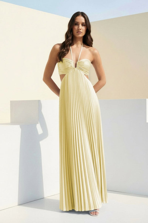 Sky Blue Halter Pleated Satin A Line Prom Dresses With Cutout – Prom Dress by KissProm | Available at KissProm