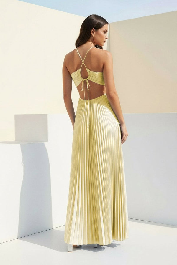 Sky Blue Halter Pleated Satin A Line Prom Dresses With Cutout – Prom Dress by KissProm | Available at KissProm