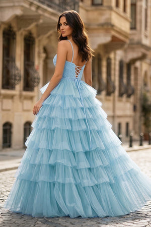 Spaghetti Straps Sweetheart Layered Tulle Formal Prom Dress with Slit - KissProm
