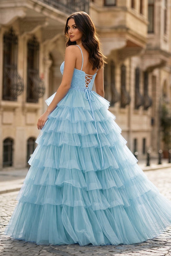 Spaghetti Straps Sweetheart Layered Tulle Formal Prom Dress with Slit - KissProm