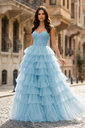 Spaghetti Straps Sweetheart Layered Tulle Formal Prom Dress with Slit - KissProm