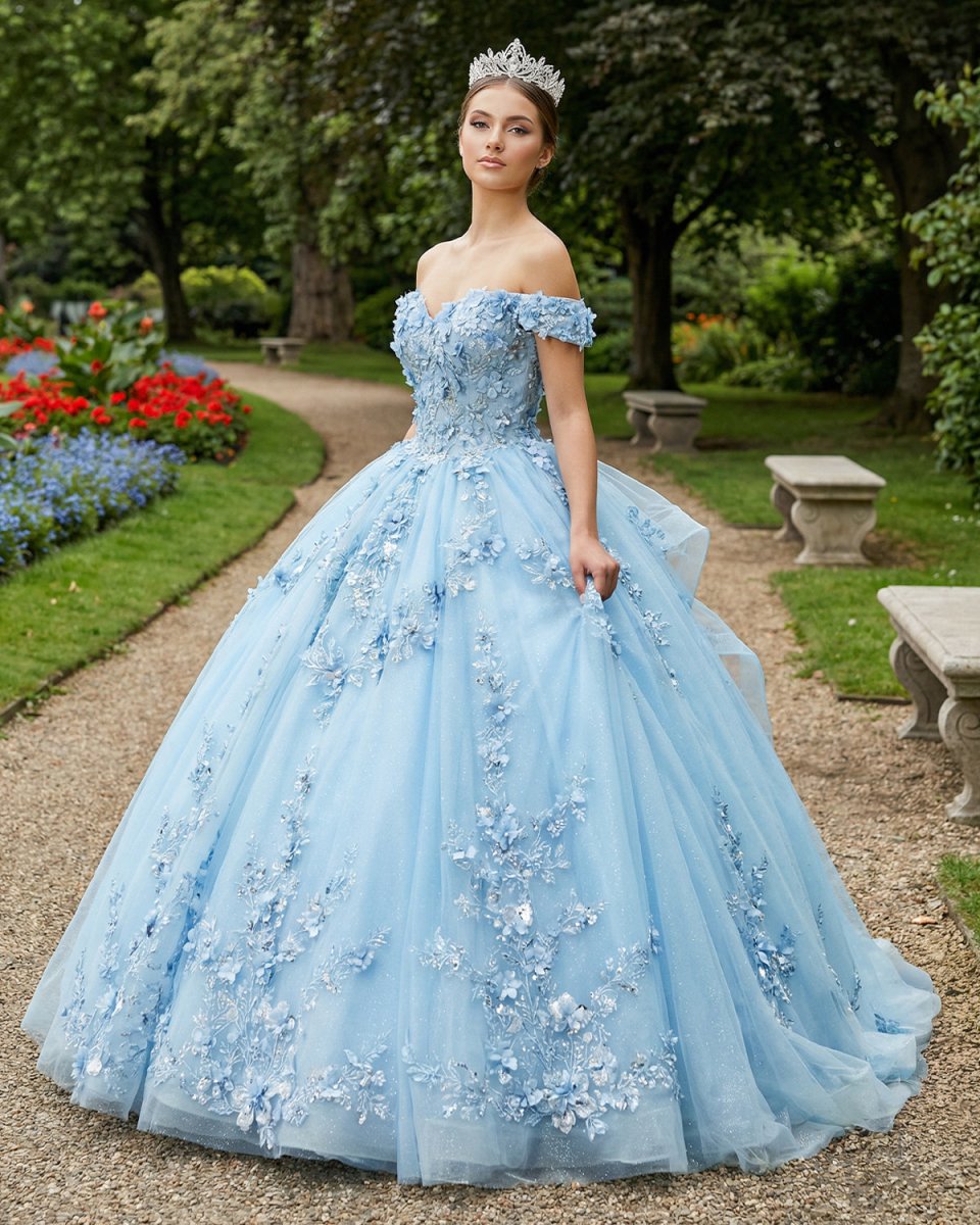 Sky Blue Lace Princess Appliqued Quinceanera Dress - KissProm
