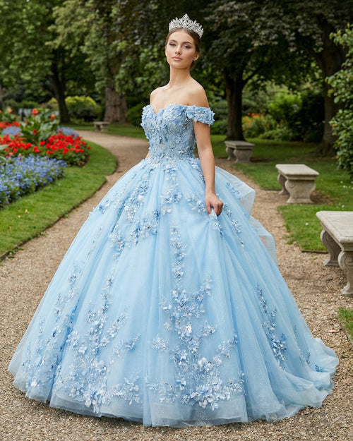 Sky Blue Lace Princess Appliqued Quinceanera Dress - KissProm