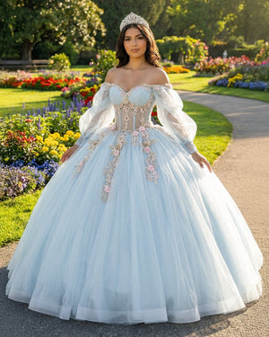 Sky Blue Quinceanera Dresses with 3D Flowers and Half Sleeve - KissProm