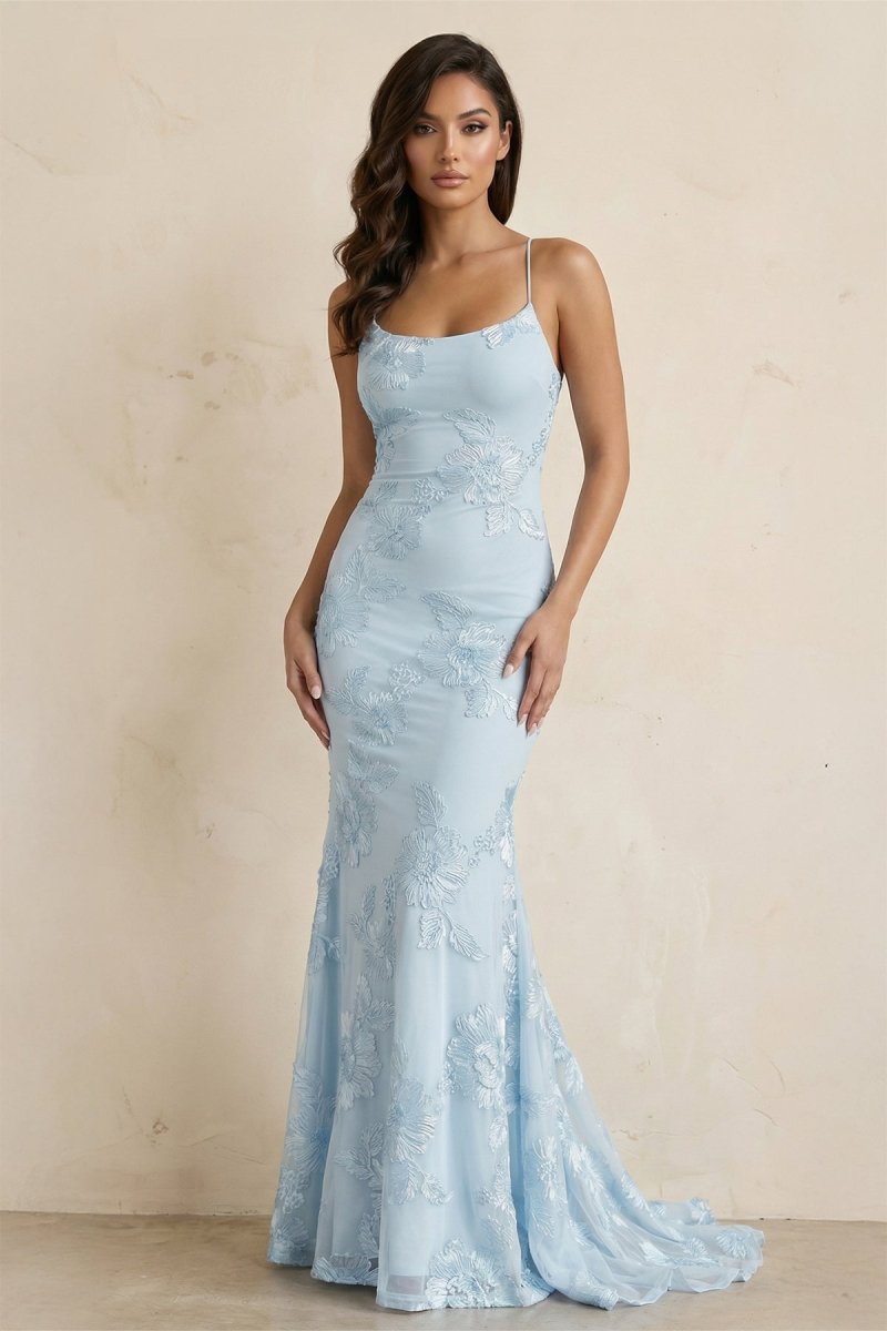 Sky Blue Spaghetti Straps Mermaid Tulle Long Prom Dresses With Appliques – Prom Dress by KissProm | Available at KissProm