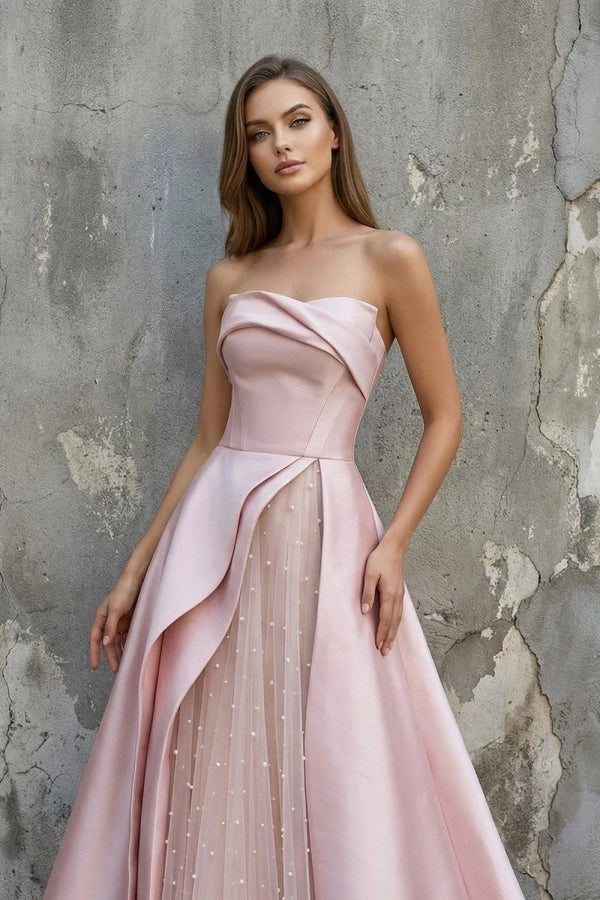 Sleeveless Satin A - Line Floor - Length Evening Gown Slit with Tulle Strapless Prom Dress - KissProm