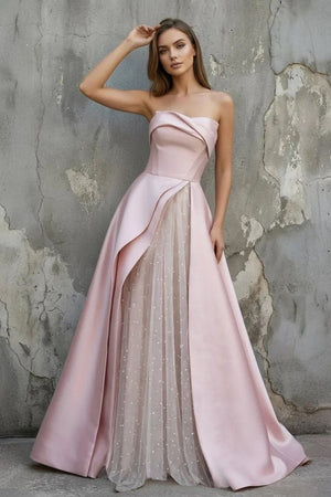 Pink Satin A - Line Floor - Length Evening Gown with Slit Strapless Prom Dress - KissProm