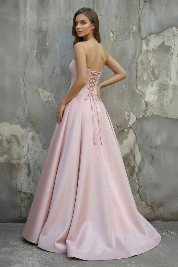 Pink Satin A - Line Floor - Length Evening Gown with Slit Strapless Prom Dress - KissProm