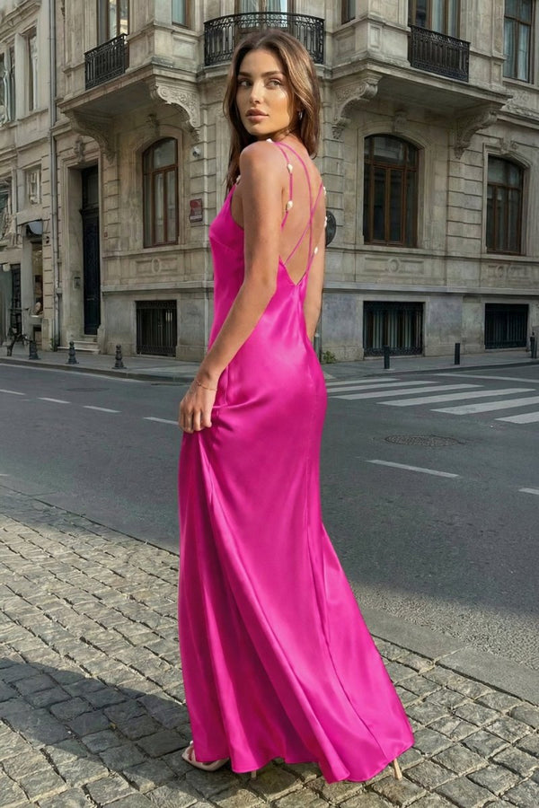 Yellow Sheath Spaghetti Straps Stain Long Prom Dresses With Pearls - KissProm