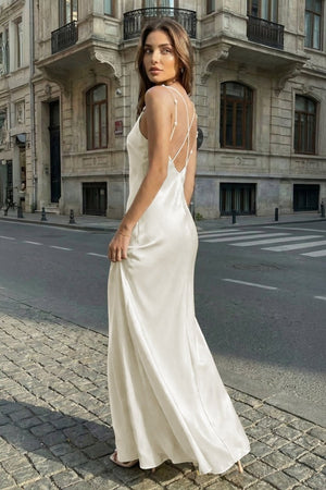 Yellow Sheath Spaghetti Straps Stain Long Prom Dresses With Pearls - KissProm