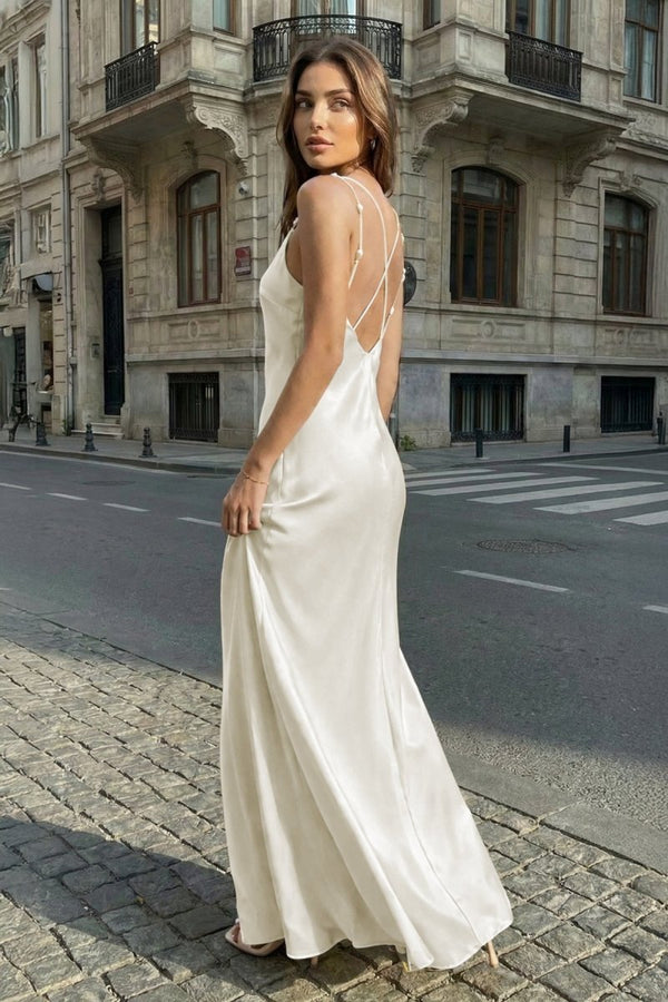 Yellow Sheath Spaghetti Straps Stain Long Prom Dresses With Pearls - KissProm