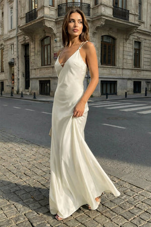 Yellow Sheath Spaghetti Straps Stain Long Prom Dresses With Pearls - KissProm