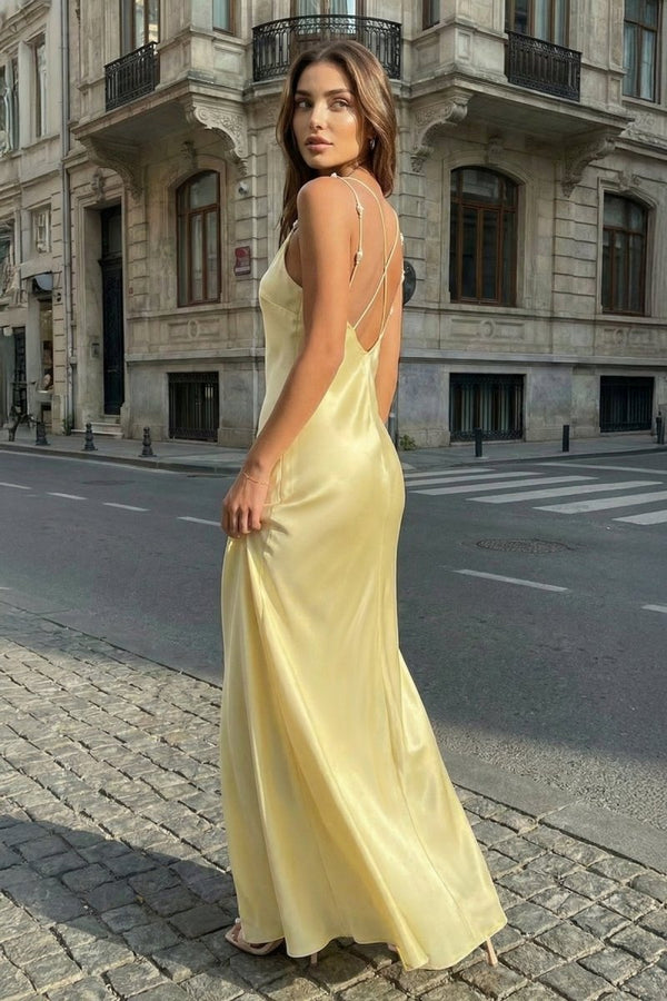 Yellow Sheath Spaghetti Straps Stain Long Prom Dresses With Pearls - KissProm