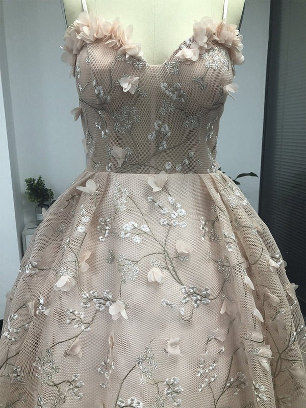 Spaghetti Strap 3D Flower Applique Sky Blue Prom Dresses Ball Gowns - KissProm