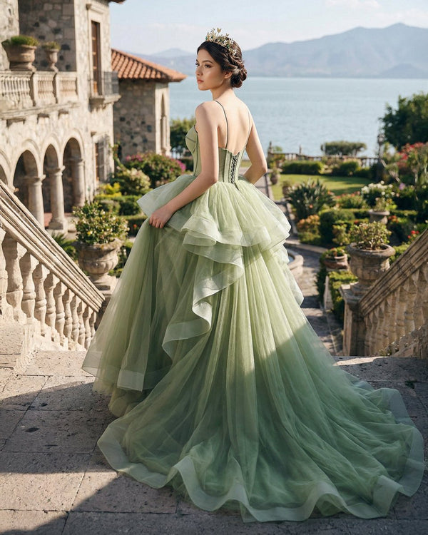Spaghetti Straps Sage Green Ball Gown Quinceanera Dresses - KissProm