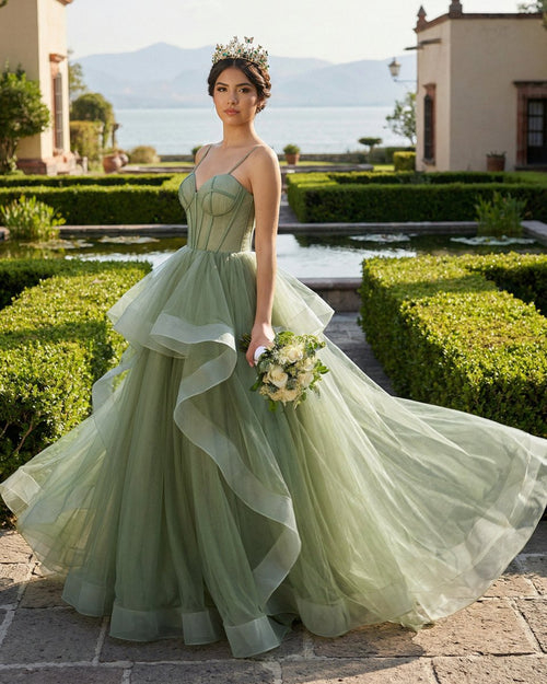 Spaghetti Straps Sage Green Ball Gown Quinceanera Dresses - KissProm