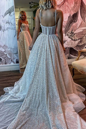 Liva | Spaghetti Straps Sequins A-line Sparkly Wedding Dress Bridal Gown