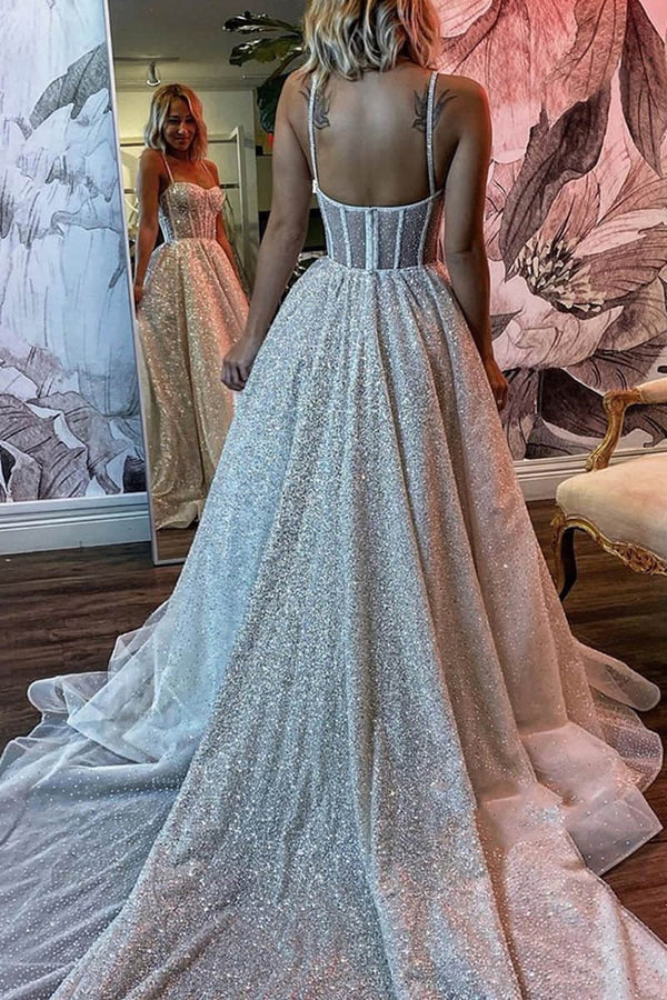 Liva | Spaghetti Straps Sequins A-line Sparkly Wedding Dress Bridal Gown
