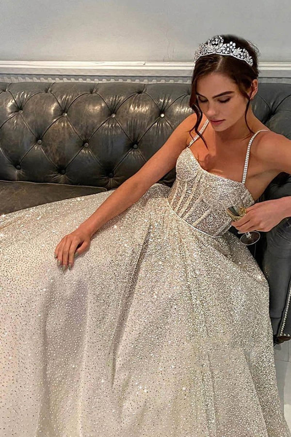 Liva | Spaghetti Straps Sequins A-line Sparkly Wedding Dress Bridal Gown