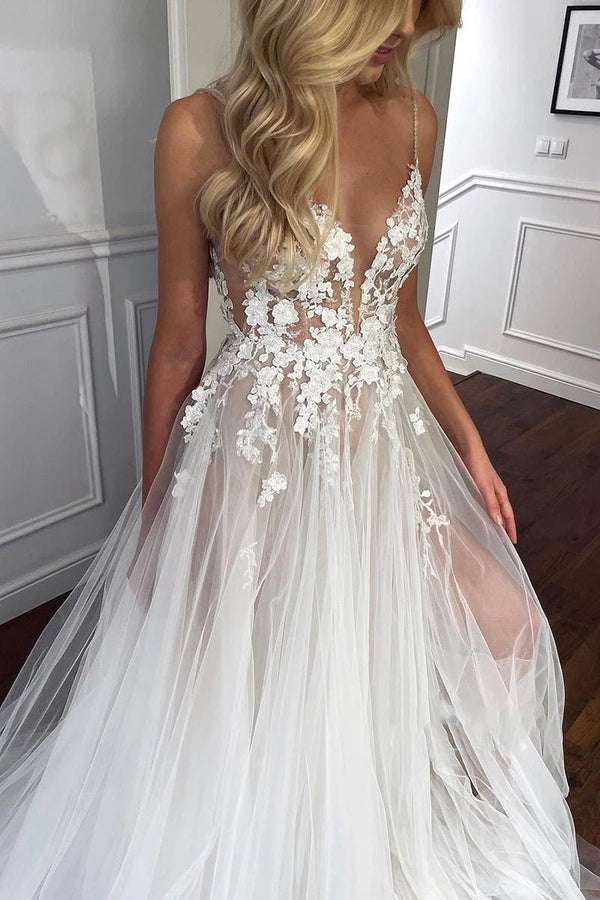 Hind | Spaghetti Straps V-Neck Lace Appliques A-line Tulle Rustic Wedding Dress