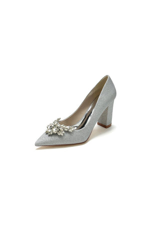 Sparkle Pointed Toe Glitter Chunky Heels With Rhinestone - KissProm