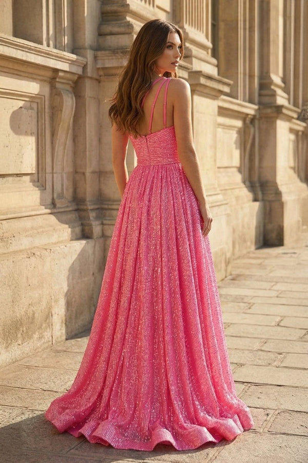 A - Line One Shoulder Sequins Prom Dress with Pockets - KissProm