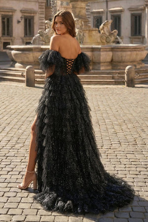 A line Off - the - Shoulder Glitter Tulle Prom Dress with Slit - KissProm