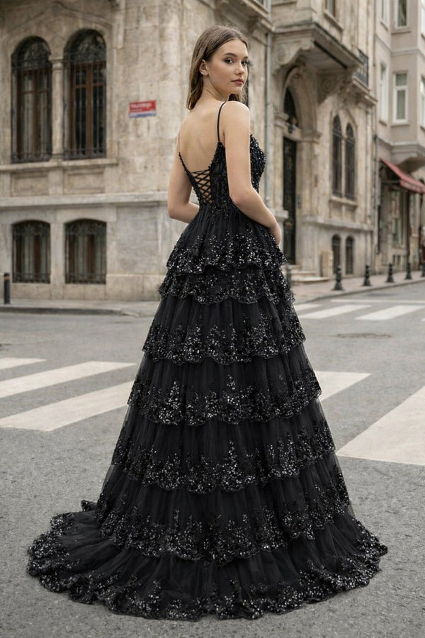A Line Spaghetti Straps Tiered Lace Prom Dress – Prom Dress by KissProm | Available at KissProm
