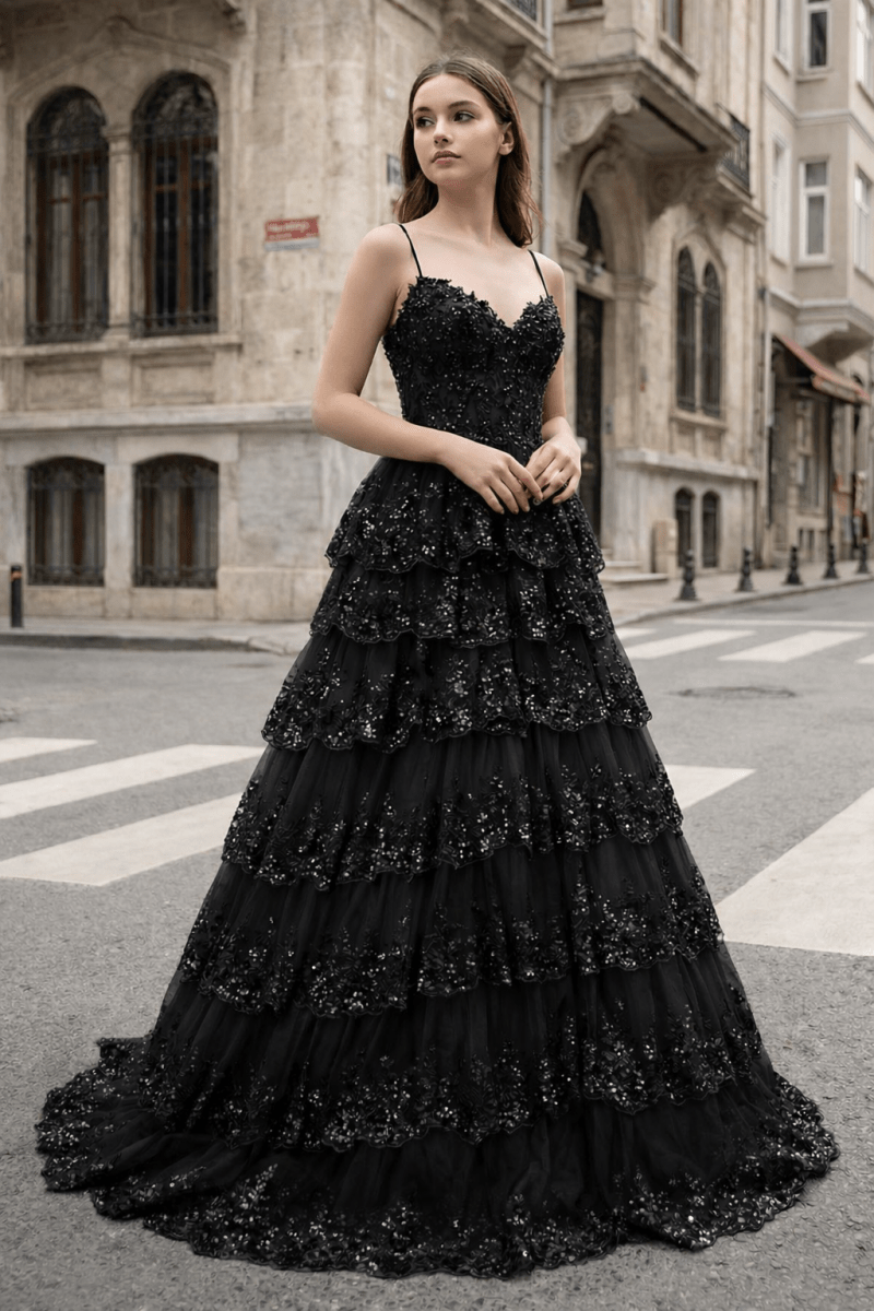 A Line Spaghetti Straps Tiered Lace Prom Dress – Prom Dress by KissProm | Available at KissProm