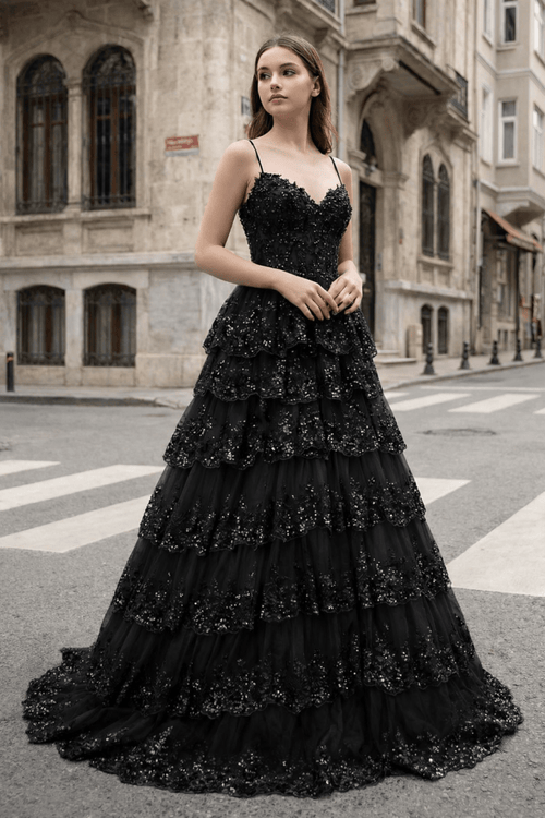 A Line Spaghetti Straps Tiered Lace Prom Dress – Prom Dress by KissProm | Available at KissProm