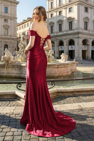 Mermaid Off the Shoulder Satin Prom Dress with Slit – Prom Dress by KissProm | Available at KissProm