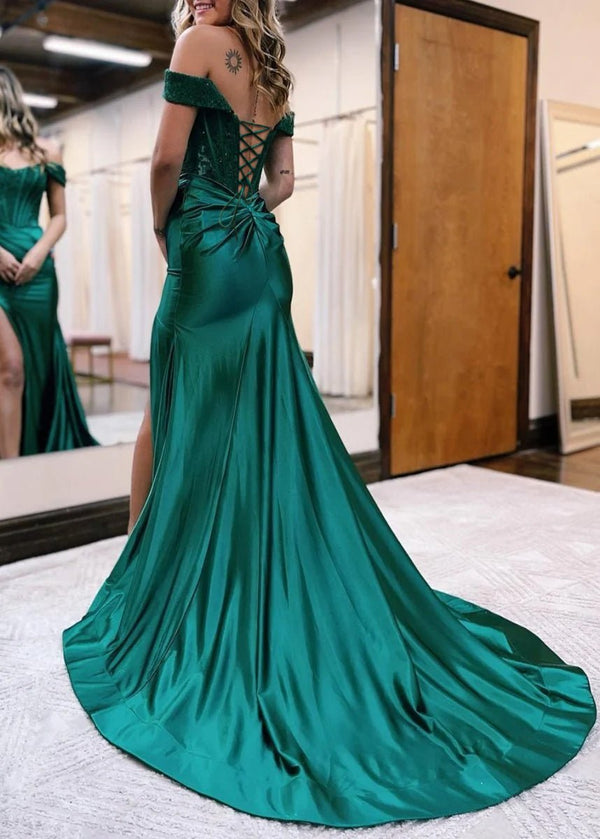 Mermaid Off the Shoulder Satin Prom Dress with Slit – Prom Dress by KissProm | Available at KissProm