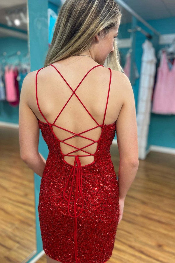 Sparkly Golden Bodycon Spagehetti Straps Sequins Lace-up Back Homecoming Dress