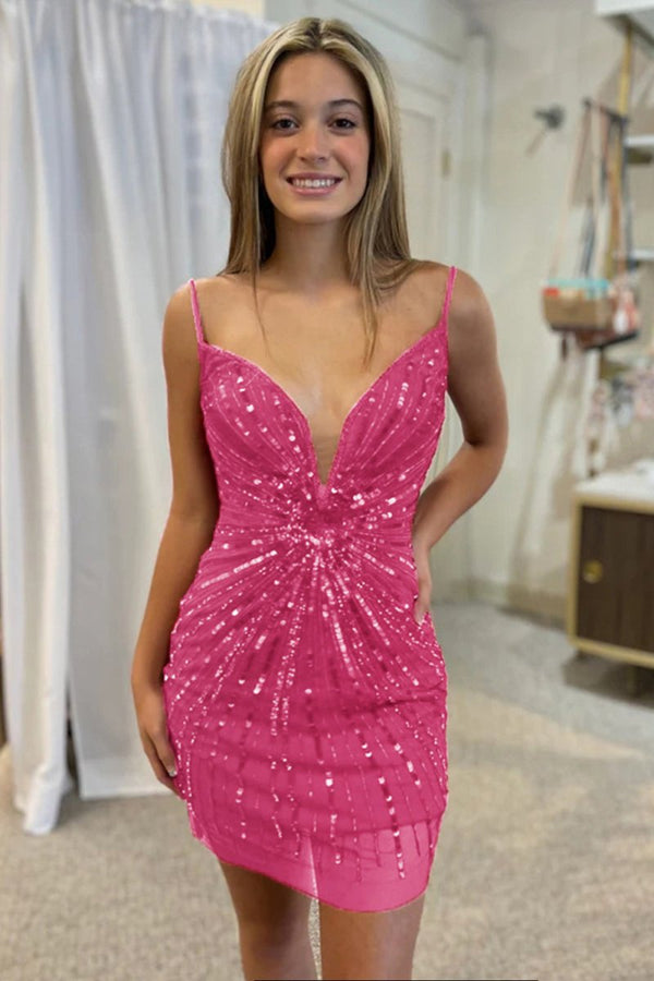 Sparkly Golden Sequined V - Neck Tight Homecoming Dress - KissProm