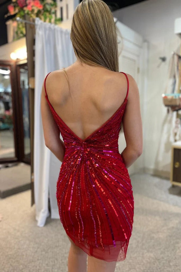 Sparkly Golden Sequined V - Neck Tight Homecoming Dress - KissProm