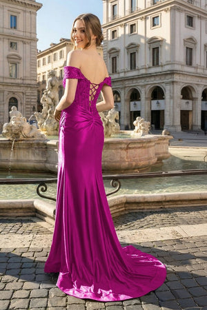 Mermaid Off the Shoulder Satin Prom Dress with Slit – Prom Dress by KissProm | Available at KissProm