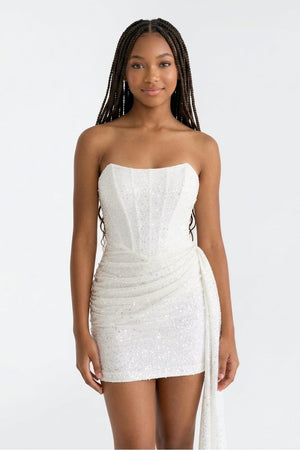 Sparkly Ivory Sequins Strapless Sheath Corset Graduation Dress - KissProm
