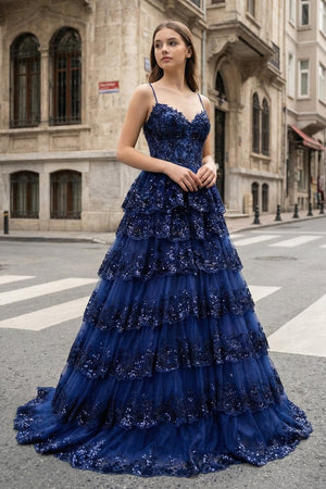 A Line Spaghetti Straps Tiered Lace Prom Dress – Prom Dress by KissProm | Available at KissProm