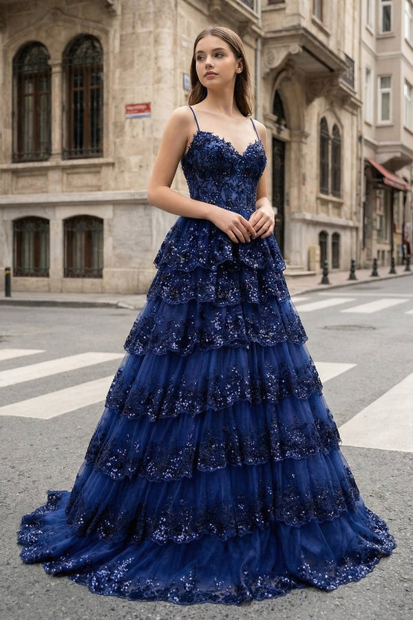 A Line Spaghetti Straps Tiered Lace Prom Dress – Prom Dress by KissProm | Available at KissProm
