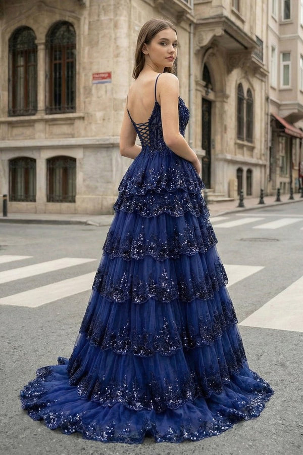 A Line Spaghetti Straps Tiered Lace Prom Dress – Prom Dress by KissProm | Available at KissProm