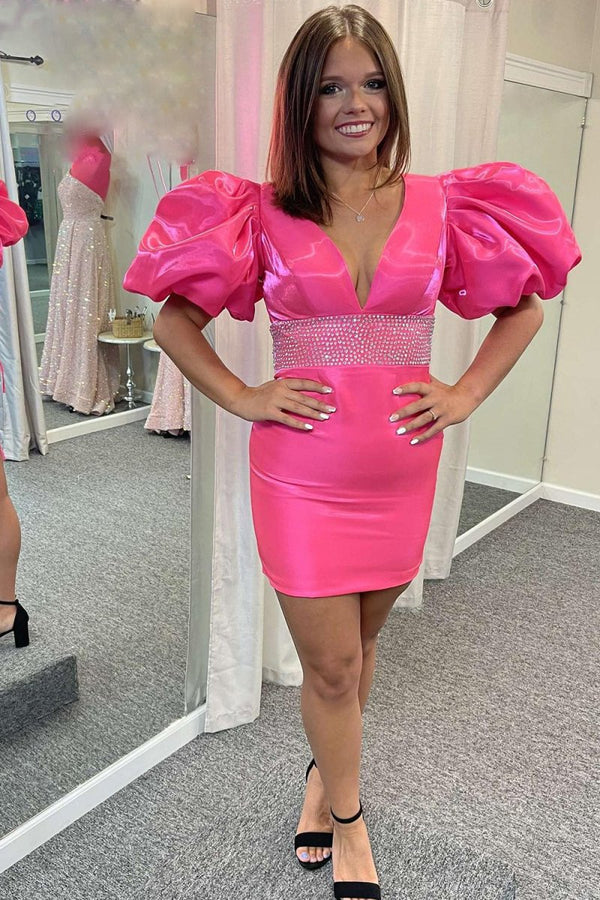 Sparkly Puff Sleeves Tight Short Homecoming Dress with Beading