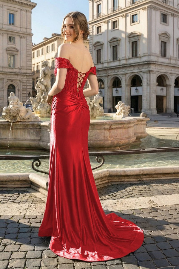 Mermaid Off the Shoulder Satin Prom Dress with Slit – Prom Dress by KissProm | Available at KissProm