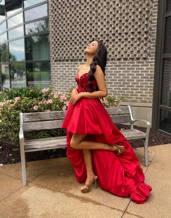 Sparkly Red Strapless Mirror High-Low Homecoming Dress