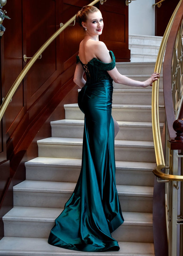 Mermaid Off the Shoulder Satin Prom Dress with Slit – Prom Dress by KissProm | Available at KissProm