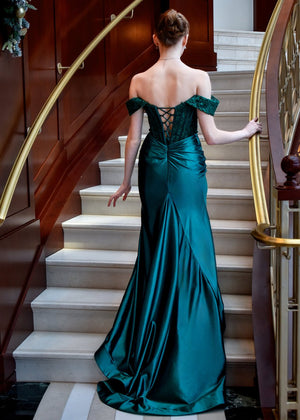 Mermaid Off the Shoulder Satin Prom Dress with Slit – Prom Dress by KissProm | Available at KissProm
