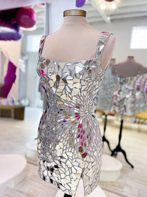Luz | Square Neck Silver Cut Mirror Sequin Bodycon Homecoming Dress