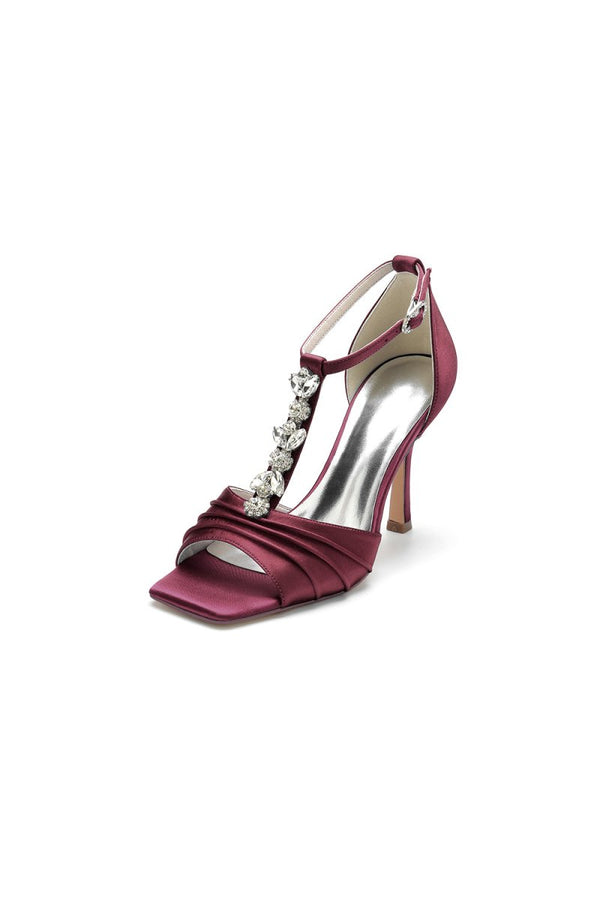 Square Open Toe Ankle Strap Satin Stiletto Heels With Rhinestone Strappy - KissProm