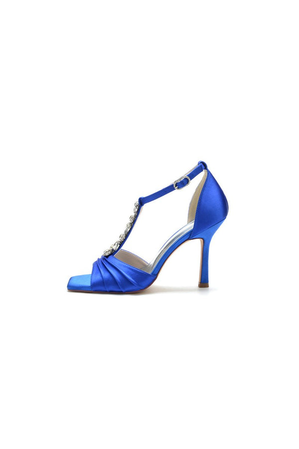 Square Open Toe Ankle Strap Satin Stiletto Heels With Rhinestone Strappy - KissProm